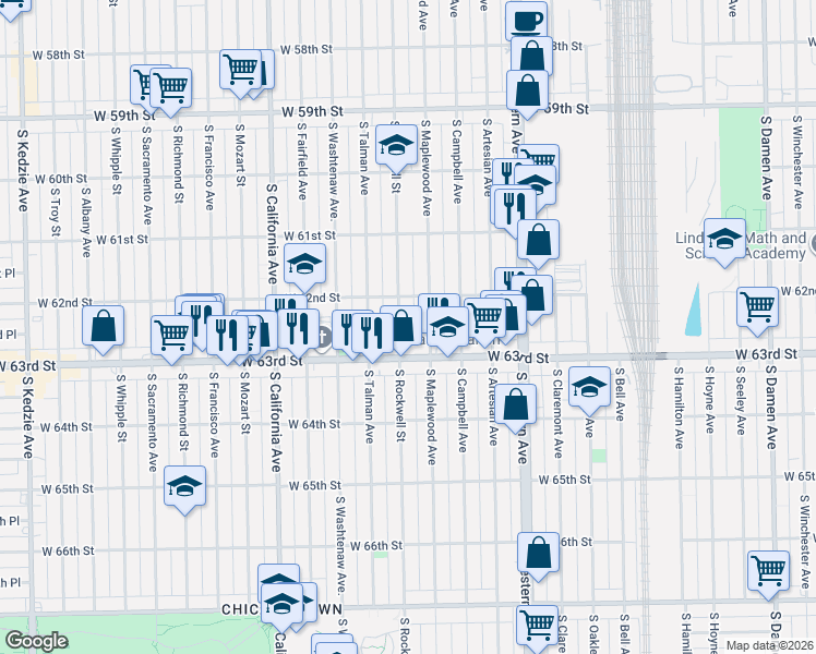 map of restaurants, bars, coffee shops, grocery stores, and more near 2556 West 63rd Street in Chicago