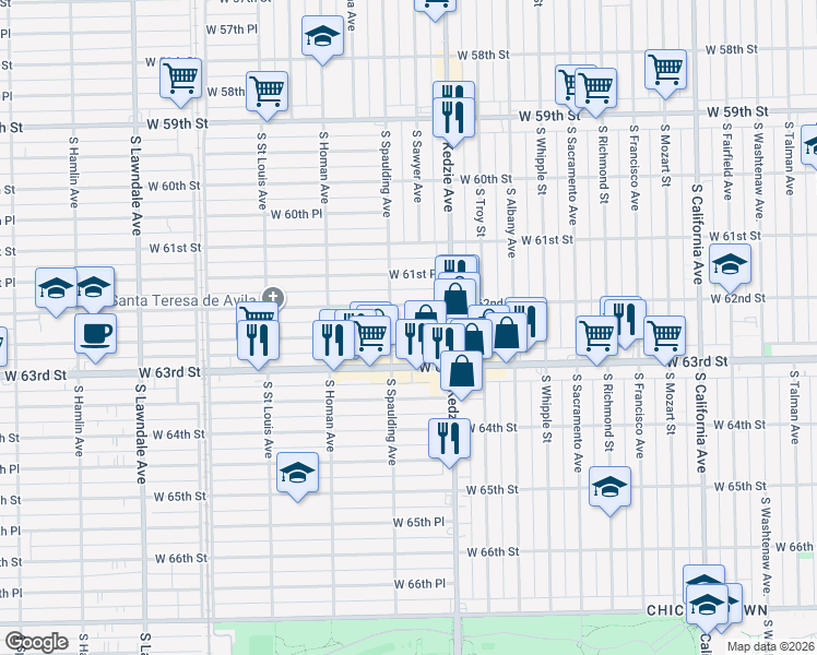 map of restaurants, bars, coffee shops, grocery stores, and more near in Chicago