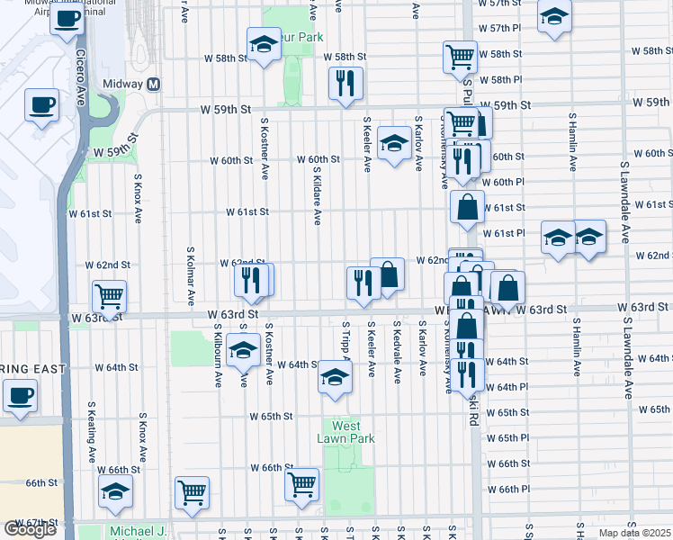 map of restaurants, bars, coffee shops, grocery stores, and more near 6228 South Tripp Avenue in Chicago