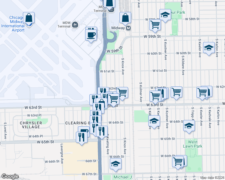 map of restaurants, bars, coffee shops, grocery stores, and more near 6225 South Keating Avenue in Chicago