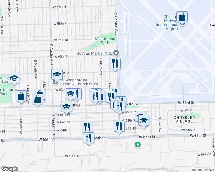 map of restaurants, bars, coffee shops, grocery stores, and more near 6206 South Parkside Avenue in Chicago