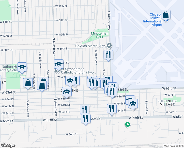map of restaurants, bars, coffee shops, grocery stores, and more near 6209 South Massasoit Avenue in Chicago