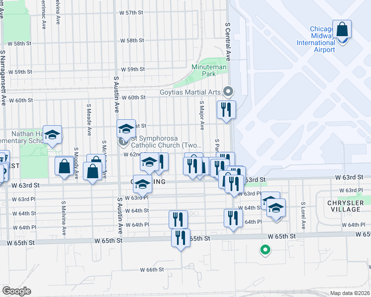 map of restaurants, bars, coffee shops, grocery stores, and more near 6203 South Menard Avenue in Chicago