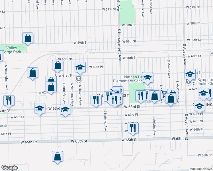 map of restaurants, bars, coffee shops, grocery stores, and more near 6158 South Nagle Avenue in Chicago