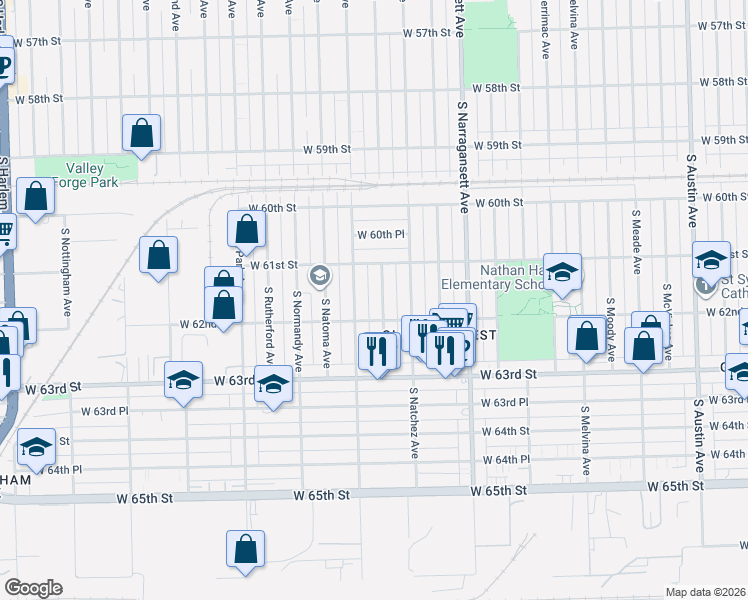 map of restaurants, bars, coffee shops, grocery stores, and more near 6159 South Nashville Avenue in Chicago