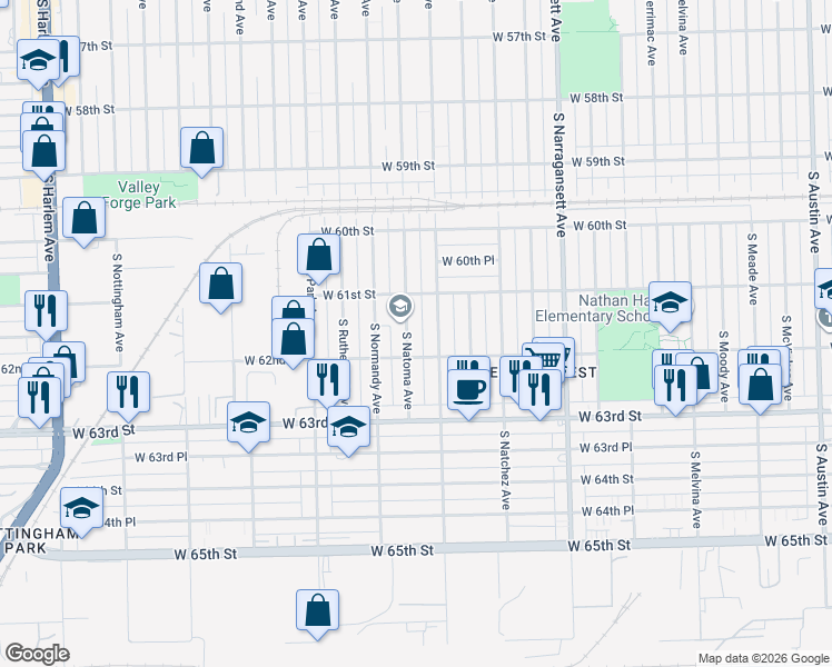 map of restaurants, bars, coffee shops, grocery stores, and more near 6159 South Natoma Avenue in Chicago