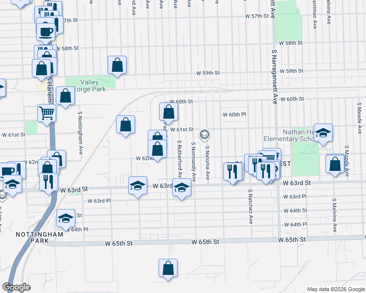 map of restaurants, bars, coffee shops, grocery stores, and more near 6158 South Normandy Avenue in Chicago