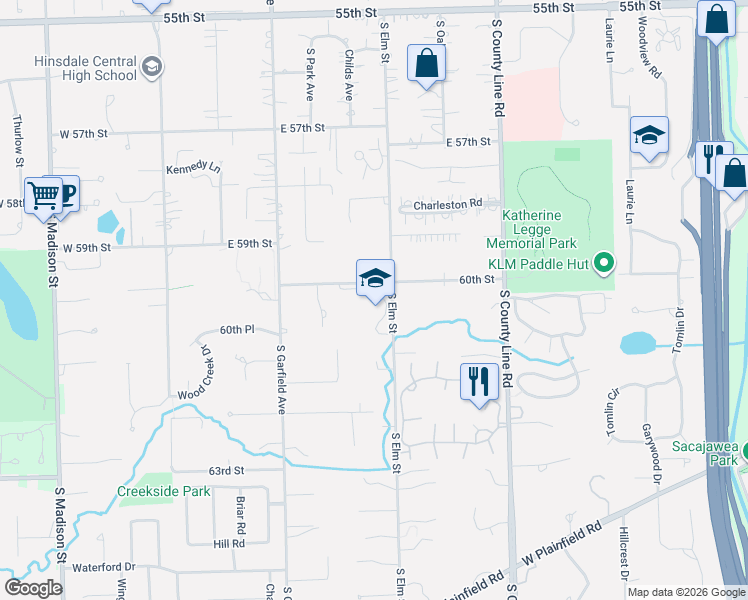 map of restaurants, bars, coffee shops, grocery stores, and more near 15W201 60th Street in Burr Ridge