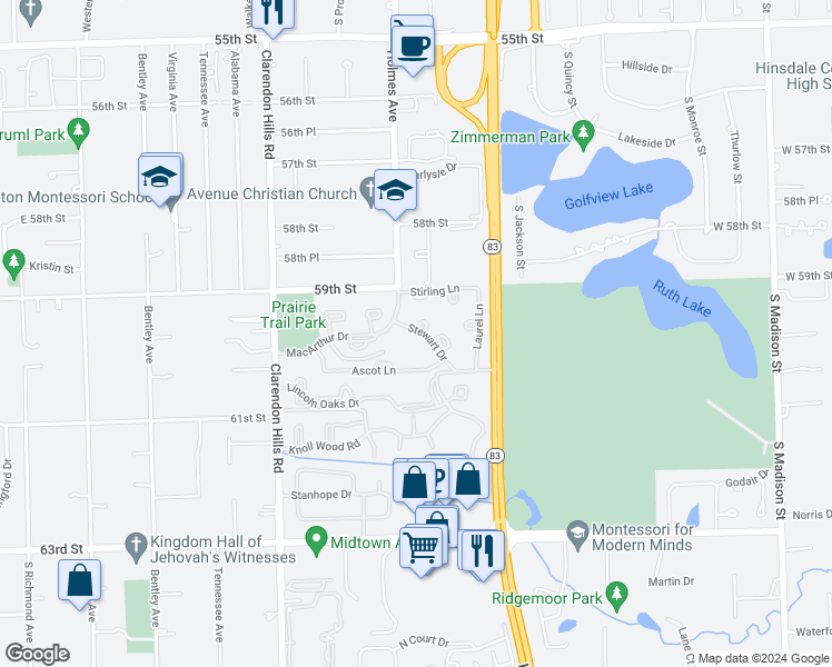 map of restaurants, bars, coffee shops, grocery stores, and more near 6004 Stewart Drive in Willowbrook