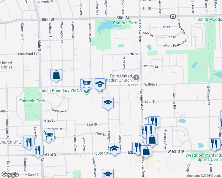 map of restaurants, bars, coffee shops, grocery stores, and more near 5921 Blodgett Avenue in Downers Grove