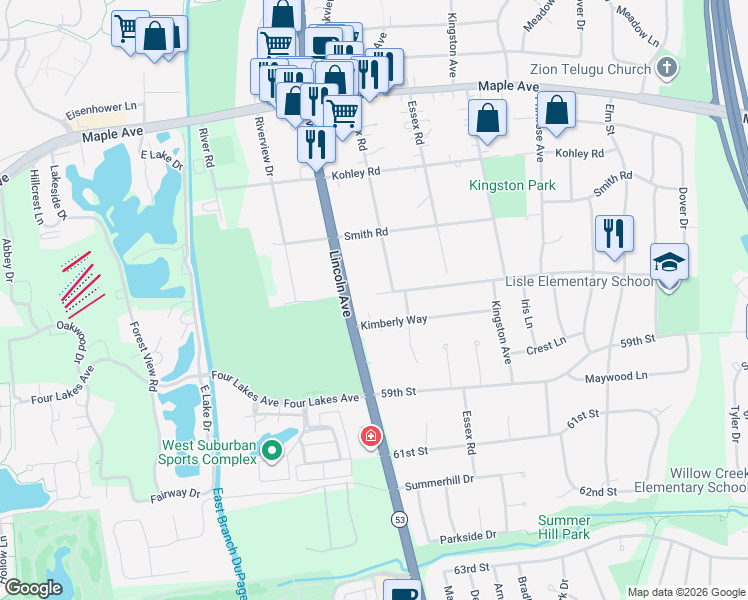 map of restaurants, bars, coffee shops, grocery stores, and more near 351 Kings Cove in Lisle