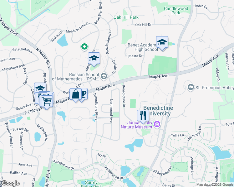 map of restaurants, bars, coffee shops, grocery stores, and more near 5766 Oak Ridge Way in Lisle