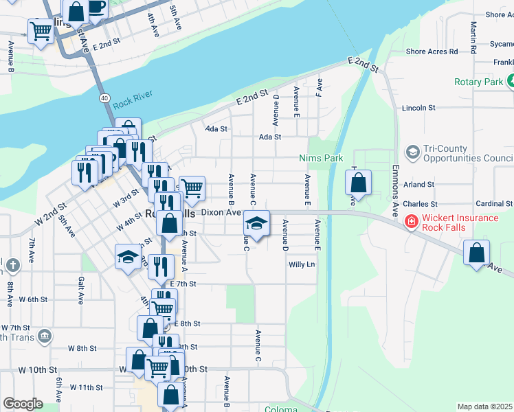 map of restaurants, bars, coffee shops, grocery stores, and more near 504 Dixon Avenue in Rock Falls