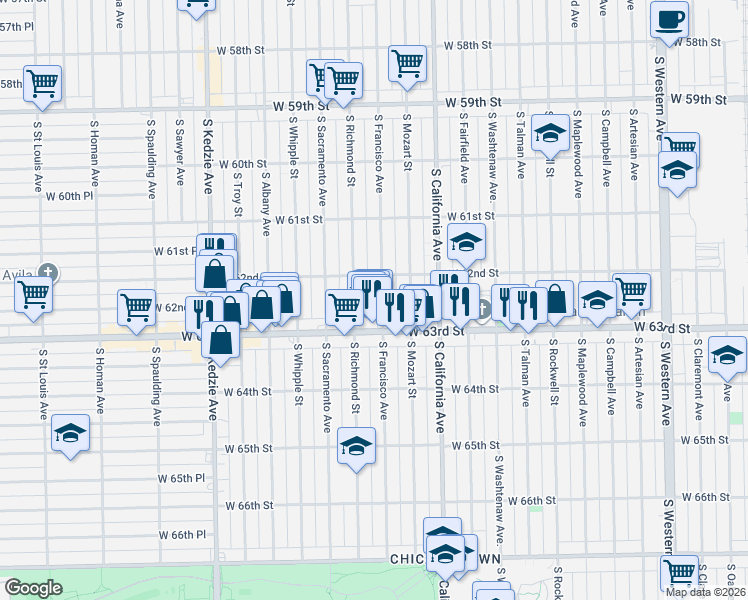 map of restaurants, bars, coffee shops, grocery stores, and more near 6242 South Francisco Avenue in Chicago