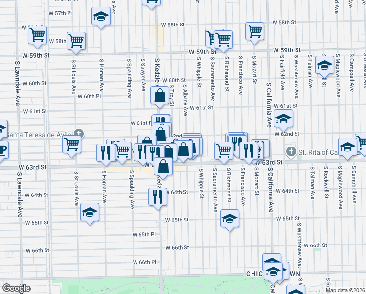 map of restaurants, bars, coffee shops, grocery stores, and more near 6243 South Albany Avenue in Chicago