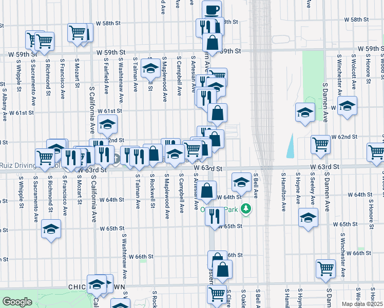 map of restaurants, bars, coffee shops, grocery stores, and more near 6230 South Artesian Avenue in Chicago