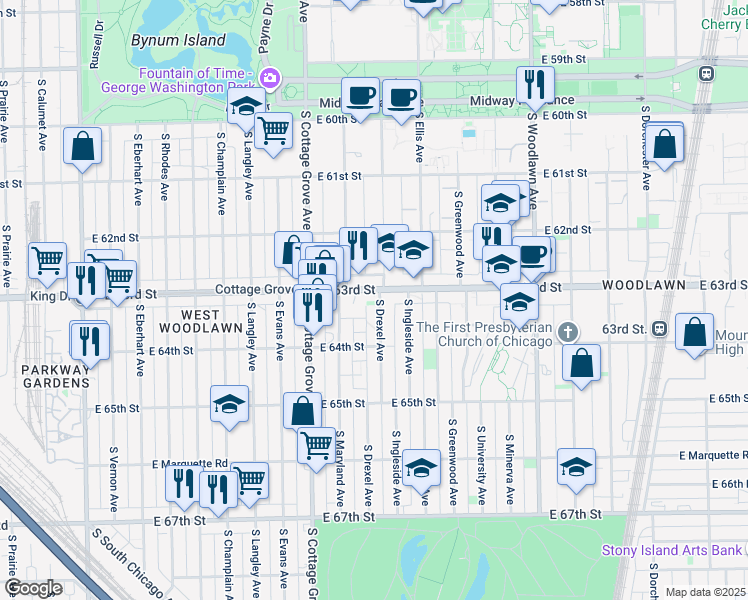 map of restaurants, bars, coffee shops, grocery stores, and more near 6310 South Drexel Avenue in Chicago