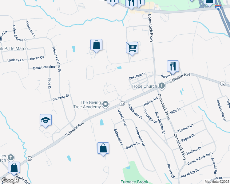 map of restaurants, bars, coffee shops, grocery stores, and more near 6 Gray Coach Lane in Cranston