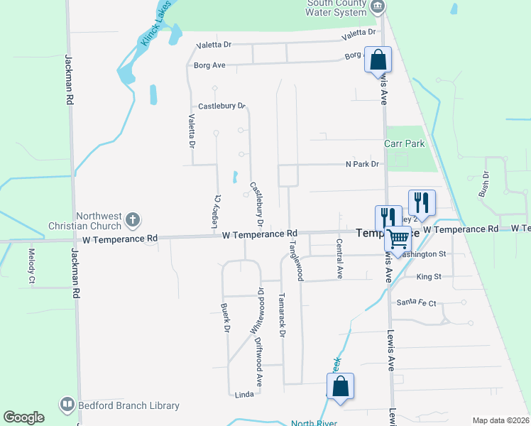 map of restaurants, bars, coffee shops, grocery stores, and more near 1250 West Temperance Road in Temperance