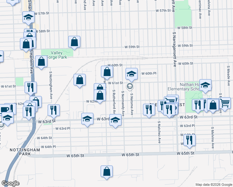 map of restaurants, bars, coffee shops, grocery stores, and more near 6158 South Normandy Avenue in Chicago