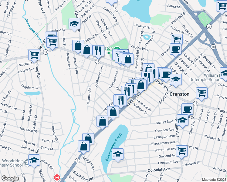 map of restaurants, bars, coffee shops, grocery stores, and more near 40 Stevens Road in Cranston