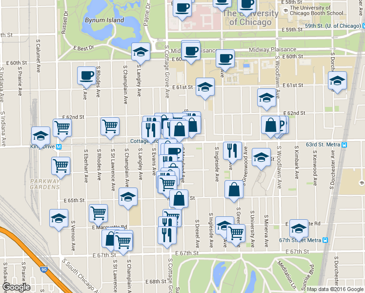 map of restaurants, bars, coffee shops, grocery stores, and more near 6306 South Maryland Avenue in Chicago