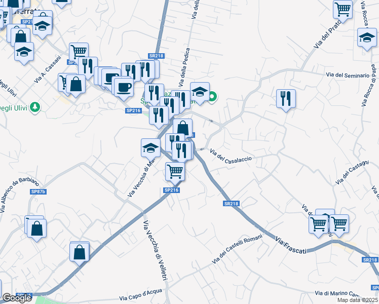 map of restaurants, bars, coffee shops, grocery stores, and more near 95 Vicolo Vittorio Veneto in Grottaferrata