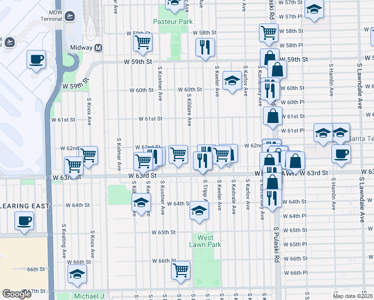 map of restaurants, bars, coffee shops, grocery stores, and more near 6228 South Kildare Avenue in Chicago