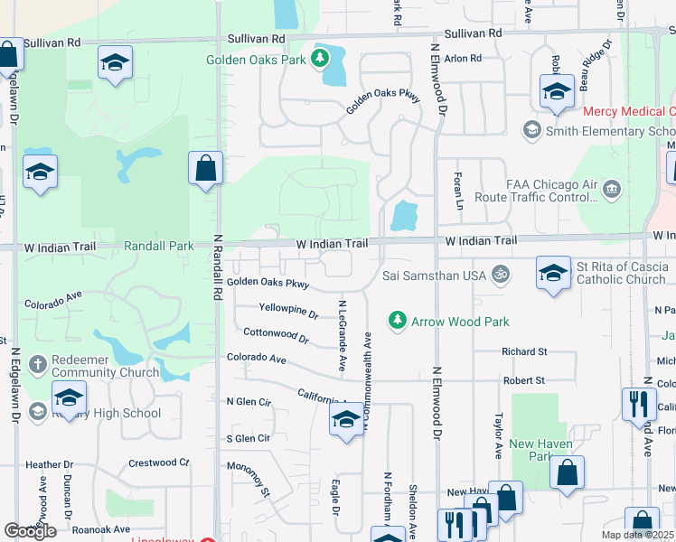 map of restaurants, bars, coffee shops, grocery stores, and more near 1124 Golden Oaks Parkway in Aurora