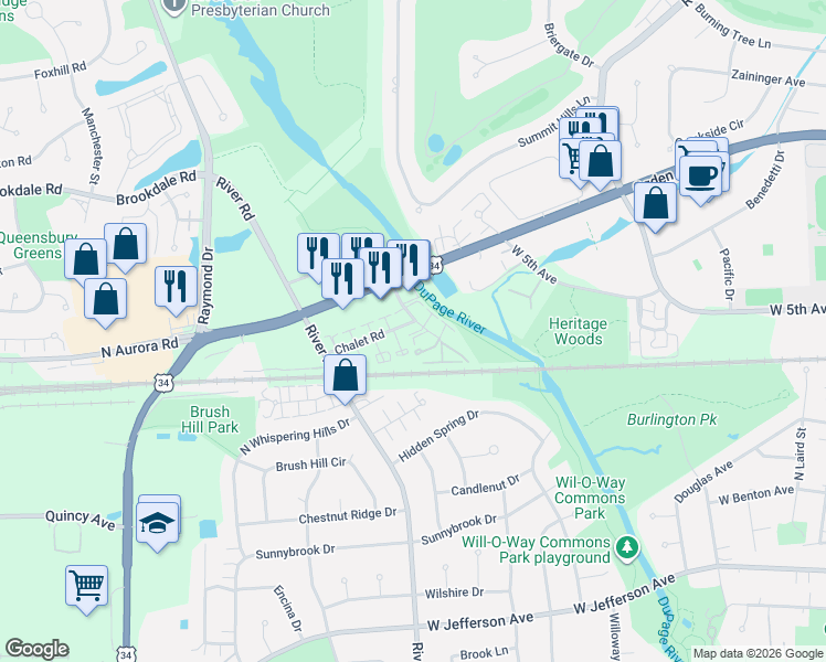 map of restaurants, bars, coffee shops, grocery stores, and more near 457 Valley Drive in Naperville