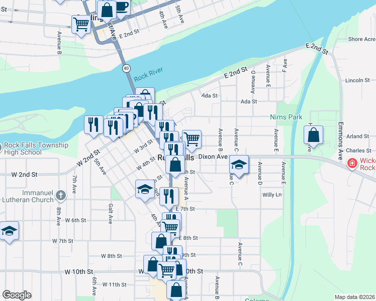 map of restaurants, bars, coffee shops, grocery stores, and more near 501-553 A Avenue in Rock Falls