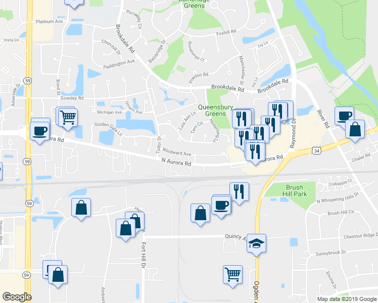 map of restaurants, bars, coffee shops, grocery stores, and more near 1709 Windward Avenue in Naperville