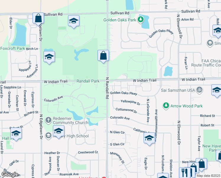 map of restaurants, bars, coffee shops, grocery stores, and more near 1370 West Indian Trail in Aurora