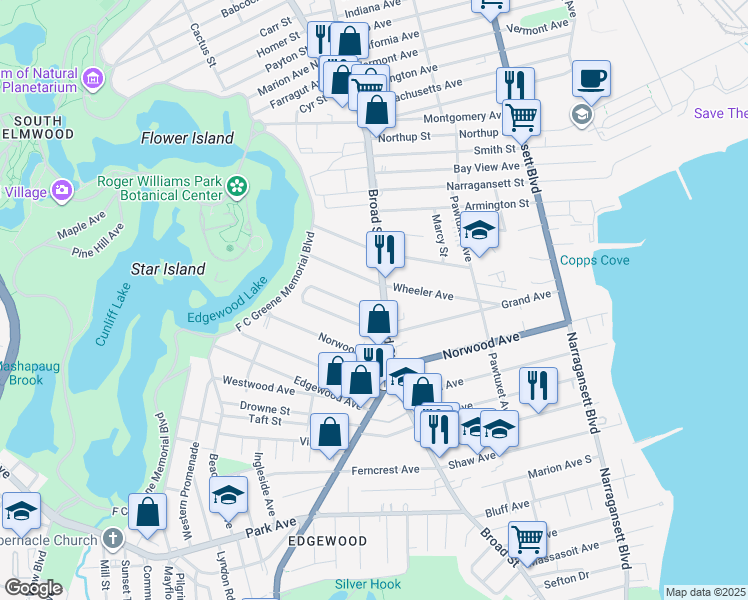 map of restaurants, bars, coffee shops, grocery stores, and more near 11 Betsey Williams Drive in Cranston