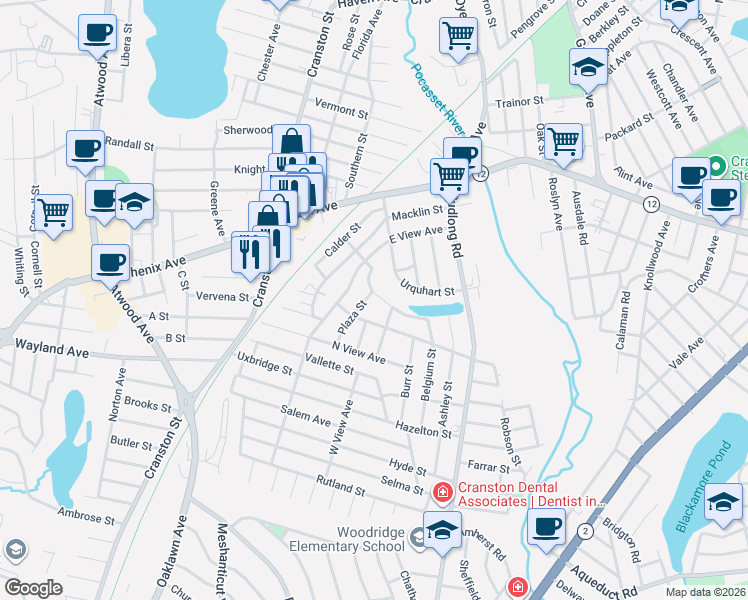 map of restaurants, bars, coffee shops, grocery stores, and more near 154 Midvale Avenue in Cranston