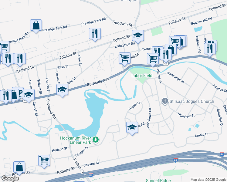 map of restaurants, bars, coffee shops, grocery stores, and more near 905 Burnside Avenue in East Hartford