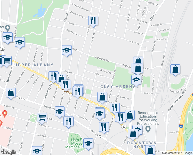 map of restaurants, bars, coffee shops, grocery stores, and more near 127 Mather Street in Hartford
