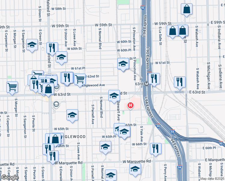 map of restaurants, bars, coffee shops, grocery stores, and more near 423 West 63rd Street in Chicago