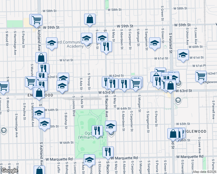 map of restaurants, bars, coffee shops, grocery stores, and more near 1149 West 63rd Street in Chicago