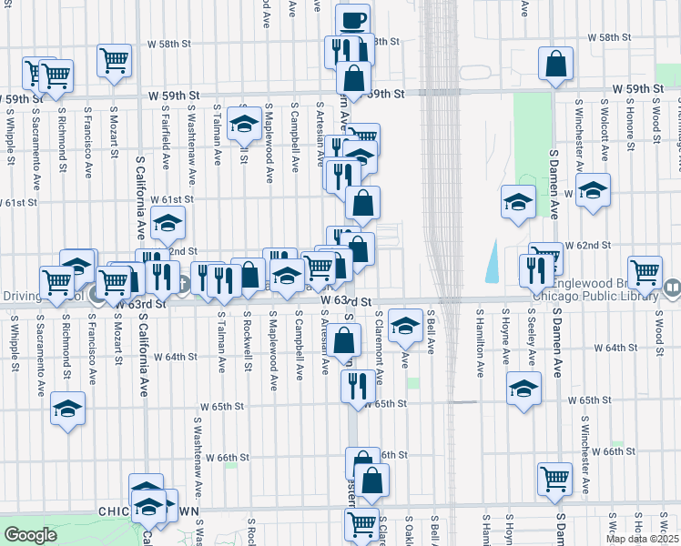 map of restaurants, bars, coffee shops, grocery stores, and more near 6254 South Western Avenue in Chicago