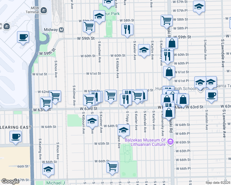 map of restaurants, bars, coffee shops, grocery stores, and more near 6228 South Kildare Avenue in Chicago