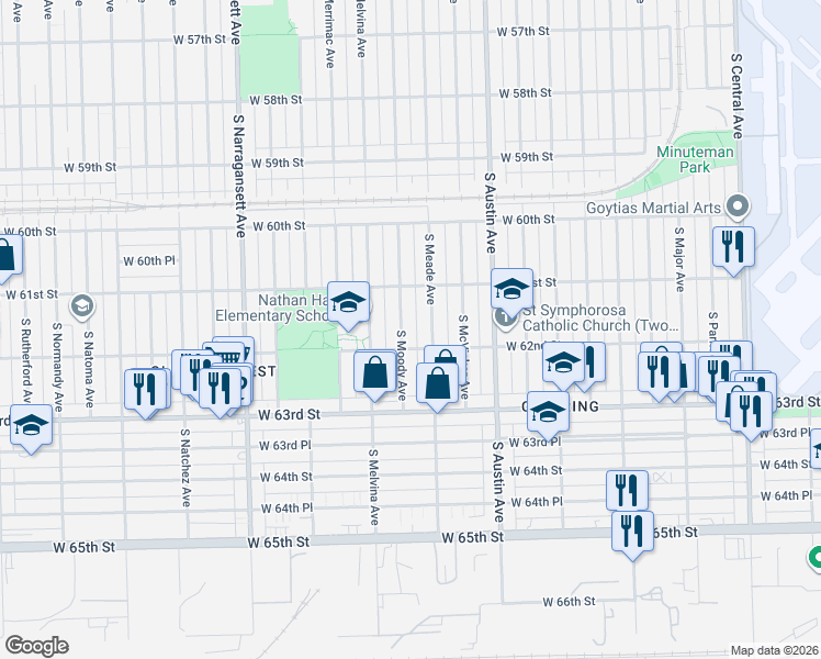 map of restaurants, bars, coffee shops, grocery stores, and more near 6200 South Moody Avenue in Chicago