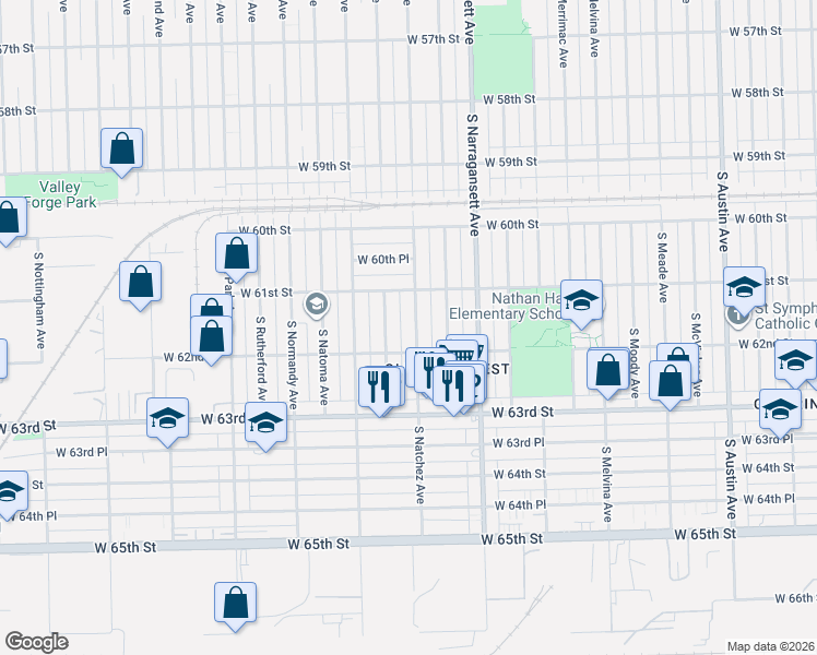 map of restaurants, bars, coffee shops, grocery stores, and more near 6159 South Neenah Avenue in Chicago