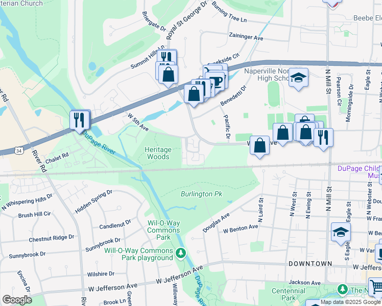 map of restaurants, bars, coffee shops, grocery stores, and more near 935 Elderberry Circle in Naperville