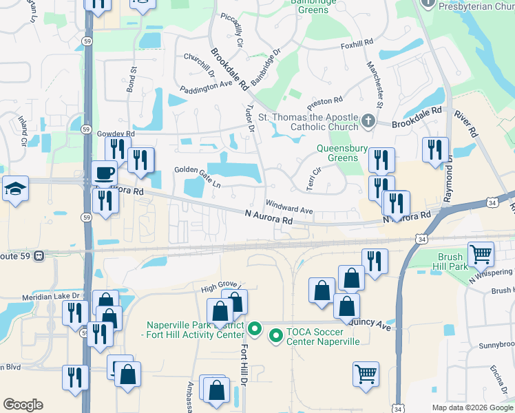 map of restaurants, bars, coffee shops, grocery stores, and more near 1704 North Aurora Road in Naperville