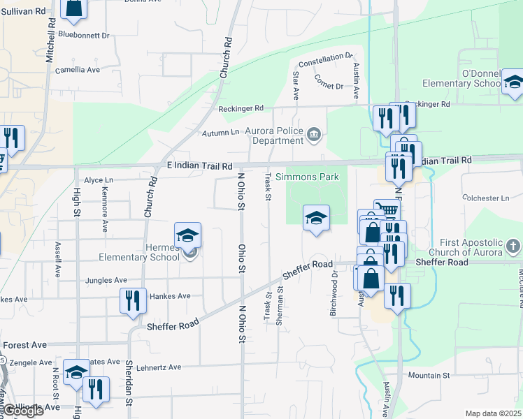 map of restaurants, bars, coffee shops, grocery stores, and more near 1050 Trask Street in Aurora