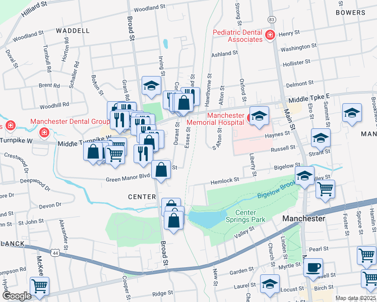 map of restaurants, bars, coffee shops, grocery stores, and more near 65 Essex Street in Manchester