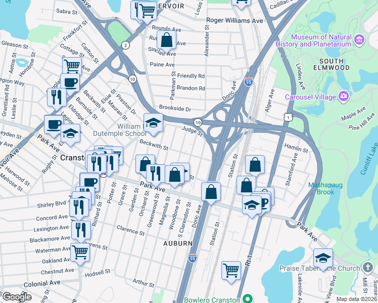map of restaurants, bars, coffee shops, grocery stores, and more near 65 North Clarendon Street in Cranston
