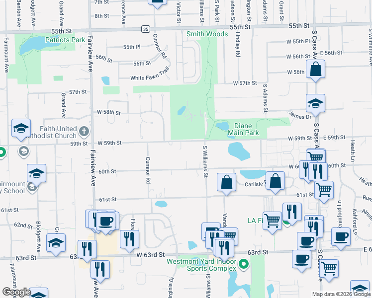 map of restaurants, bars, coffee shops, grocery stores, and more near 10 60th Street in Downers Grove