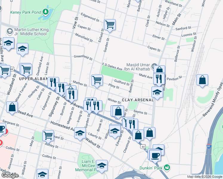 map of restaurants, bars, coffee shops, grocery stores, and more near 154 Brook Street in Hartford